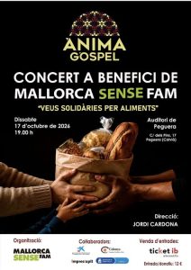 Cartel oficial del concierto solidario de Ànima Gospel a beneficio de Mallorca Sense Fam en el Auditori de Peguera