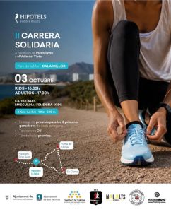 Cartel oficial de la II Carrera Solidaria de Hipotels en el Parc de la Mar de Cala Millor, con horarios, distancias y recorrido