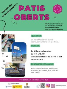 Cartel oficial de Patis Oberts Manacor: reapertura el 10 de septiembre, horario de tarde entre semana y rotación de cuatro patios los sábados