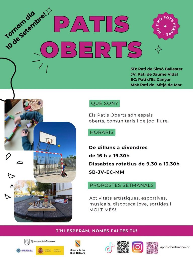 Cartel oficial de Patis Oberts Manacor: reapertura el 10 de septiembre, horario de tarde entre semana y rotación de cuatro patios los sábados