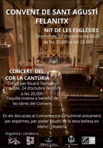 Cartel de la Nit de les Esglésies y el concierto del Cor La Cantúria en el Convent de Sant Agustí, Felanitx
