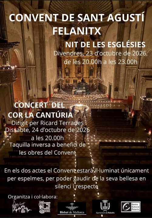 Cartel de la Nit de les Esglésies y el concierto del Cor La Cantúria en el Convent de Sant Agustí, Felanitx