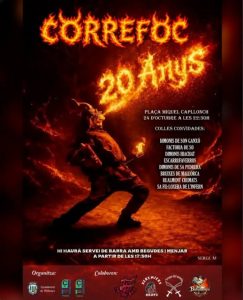 Cartel del correfoc de los 20 años de los Dimonis de Ca de Bou, 24 de octubre a las 22:30 en la plaça Miquel Capllonch de Pollença