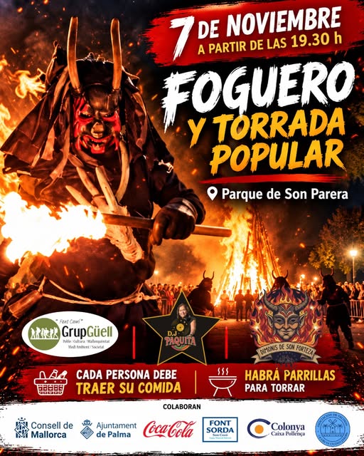Cartel del foguero y torrada popular del Grup Güell en el parque de Son Parera, 7 de noviembre