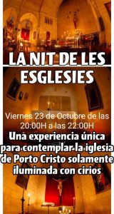 Cartel de La Nit de les Esglésies en la iglesia de Porto Cristo, viernes 23 de octubre de 20:00 a 22:00