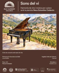 Cartel de Sons del vi, concierto de piano con cata de vinos en la Església Vella de Caimari