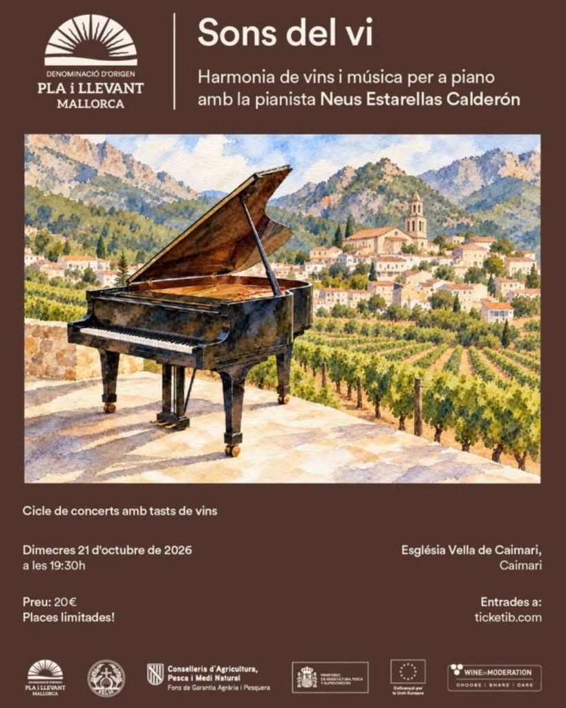 Cartel de Sons del vi, concierto de piano con cata de vinos en la Església Vella de Caimari
