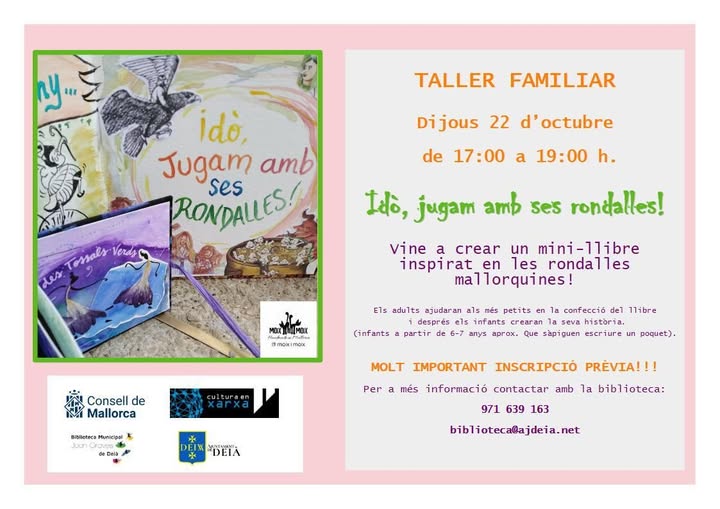 Cartel del taller familiar «Idò, jugam amb ses rondalles!», 22 de octubre en la Biblioteca Municipal de Deià