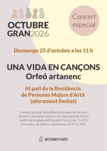 Cartel del concierto «Una vida en cançons» del Orfeó Artanenc, domingo 25 de octubre a las 11:00 en la Residència de Persones Majors d'Artà