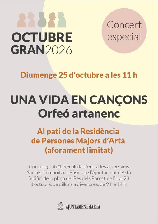 Cartel del concierto «Una vida en cançons» del Orfeó Artanenc, domingo 25 de octubre a las 11:00 en la Residència de Persones Majors d'Artà